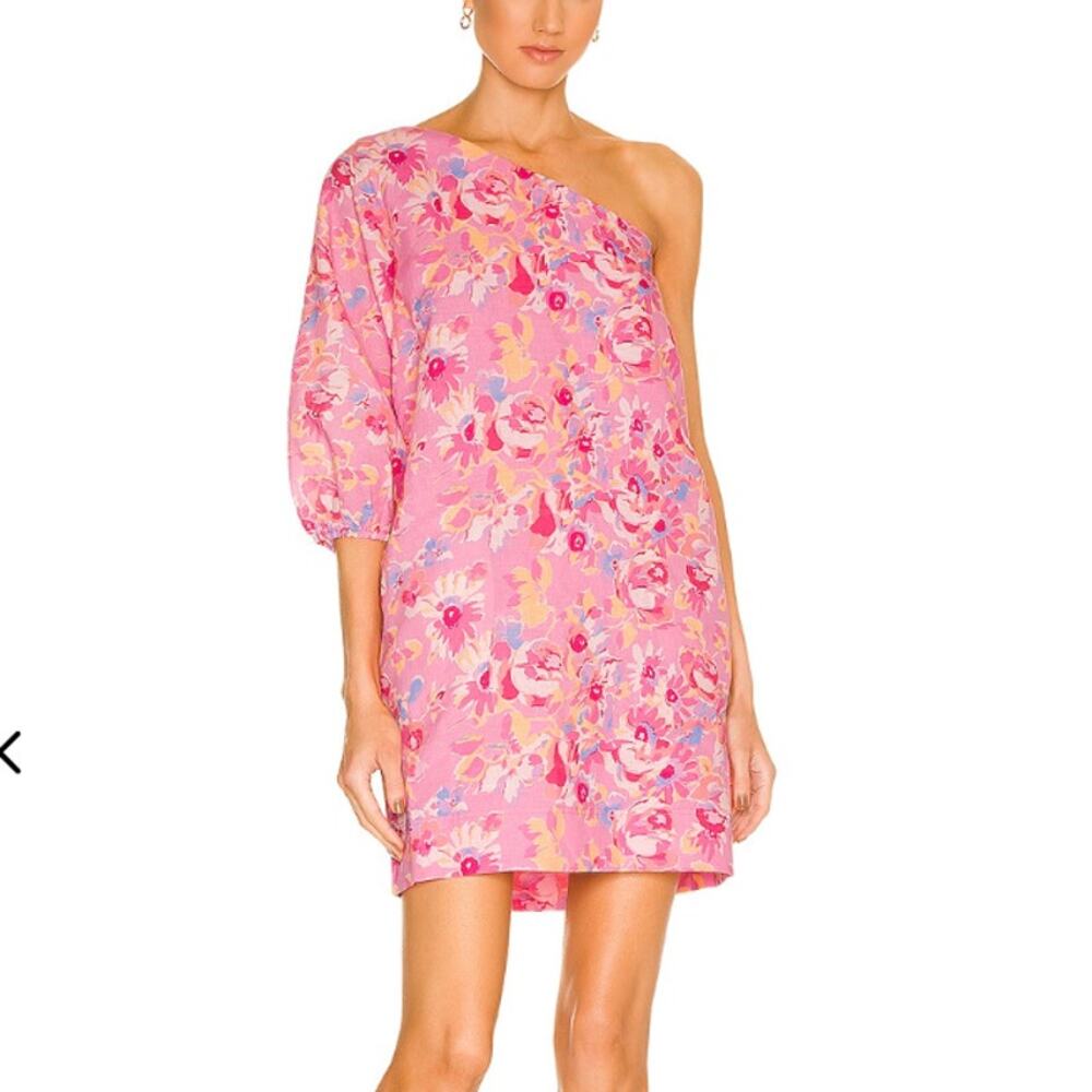 Something Navy Pink Floral Mini Dress MEDIUM One Shoulder Linen Shift Party $165 - Picture 1 of 11